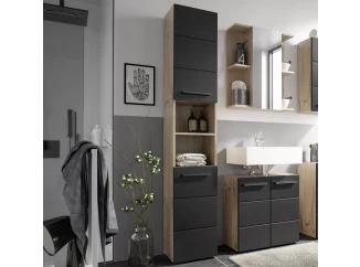 Vysoká kúpeľňová skrinka Vista 34 cm, dub viking/čierna