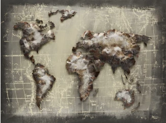 Kovový obraz na stenu Mapa sveta 80x60 cm, šedý vintage