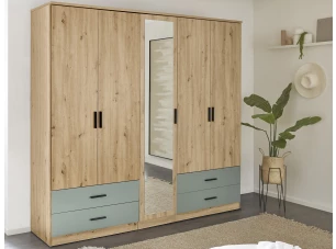 Šatníková skriňa so zrkadlom Savina 225 cm, dub artisan/šalvia